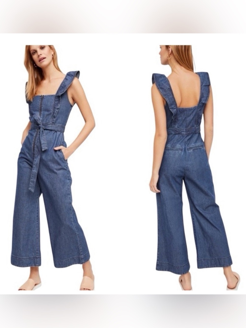 Free People Indigo Denim Ruffle-Shoulder Wide-Leg Jumpsuit
